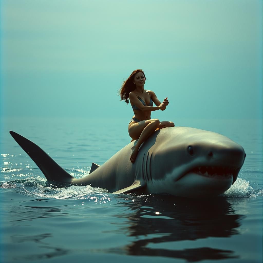 Woman Rides Shark: Cinematic Film Still