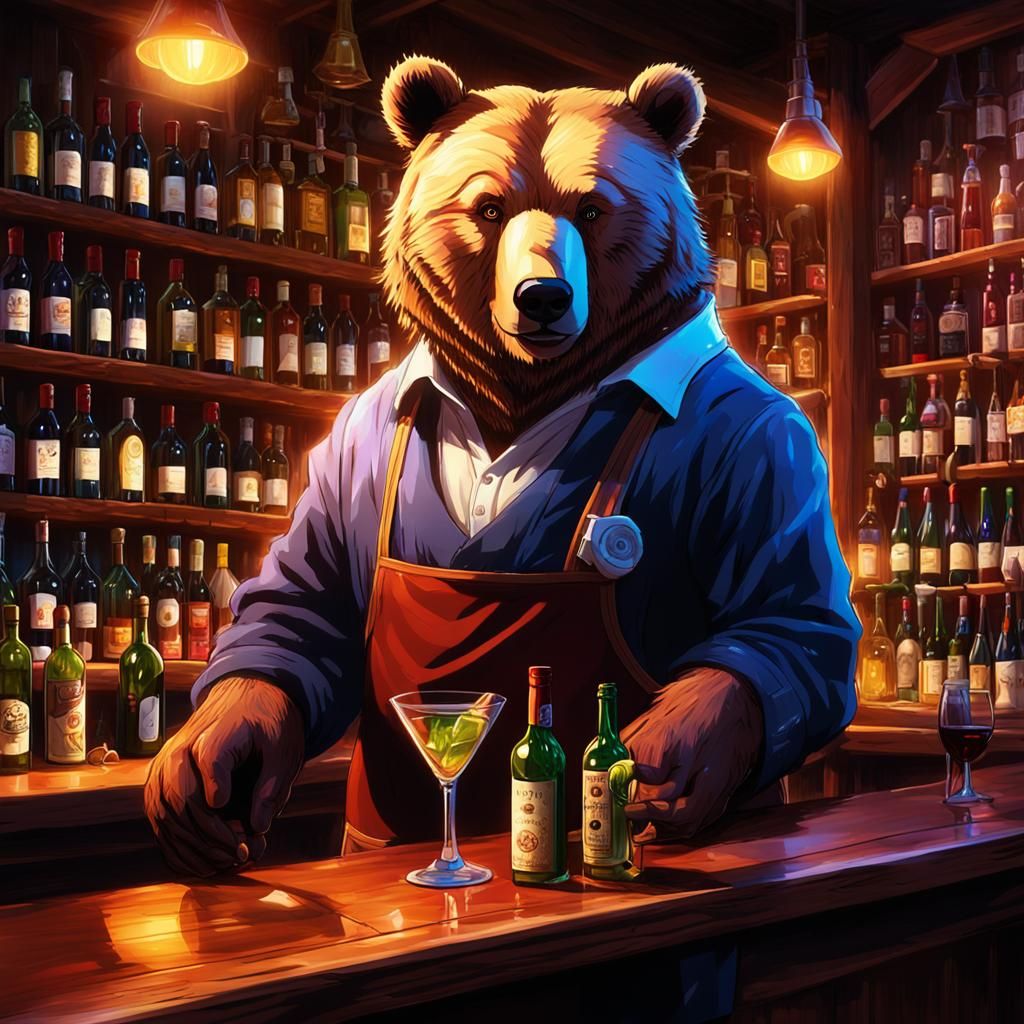 Anime Bear Bartender in a Glowing Wine Cellar
