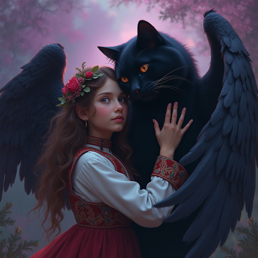 Bulgarian Girl and Winged Cat in Ethereal Landscape