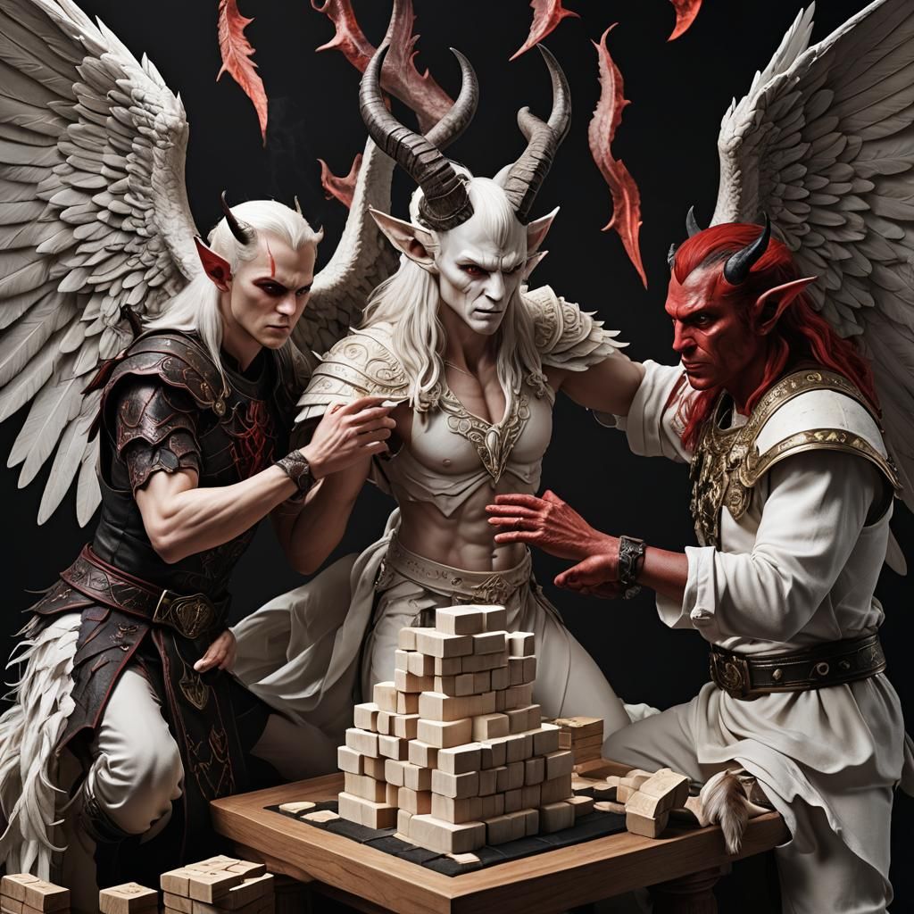 Albino Angel and Tiefling Demon Playing Jenga