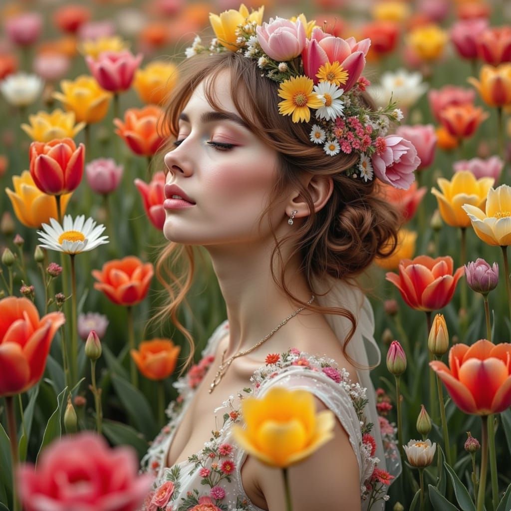 Ethereal Woman Amidst Vibrant Tulip Field