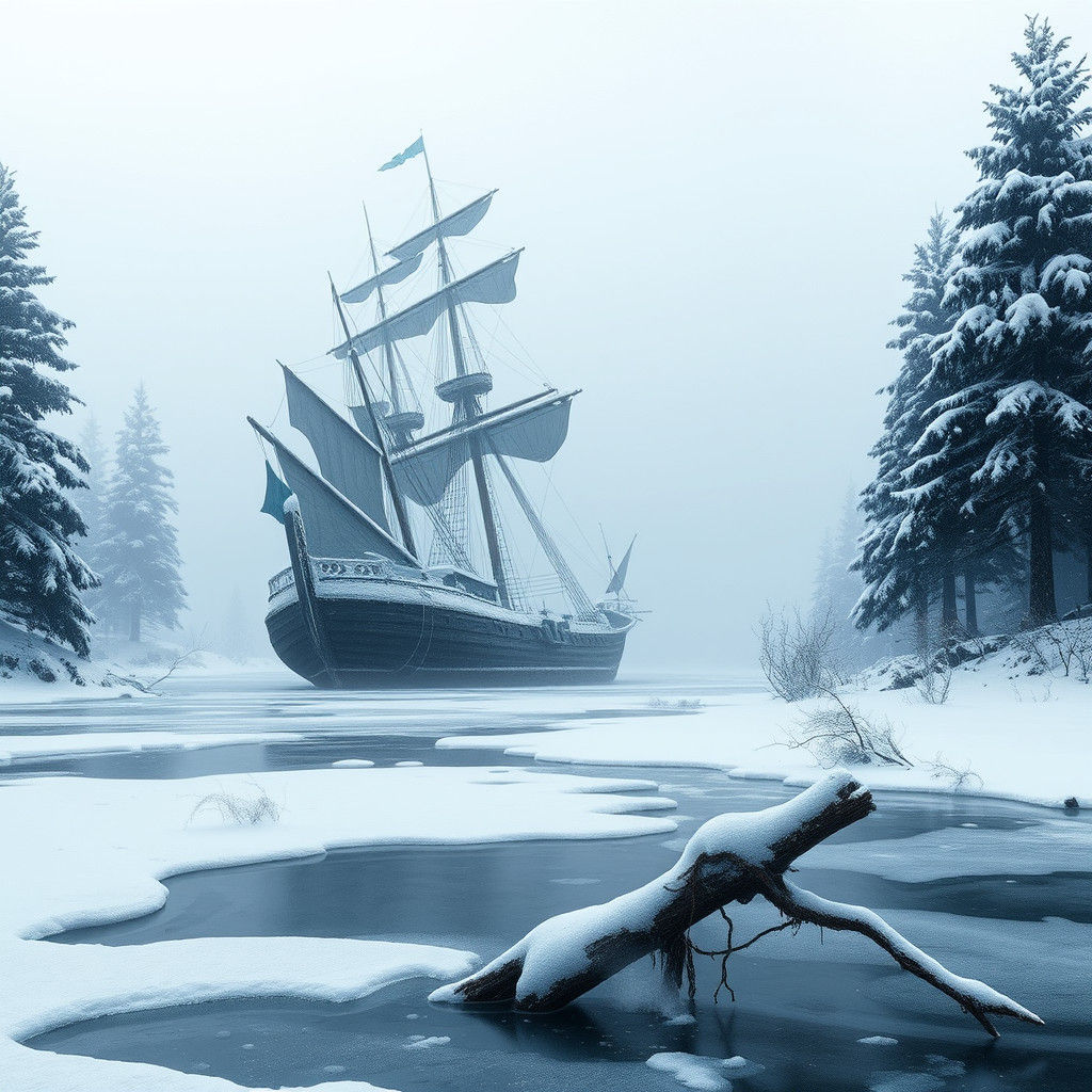Frozen Shipwreck on Snowy Lake: A Fantasy Scene