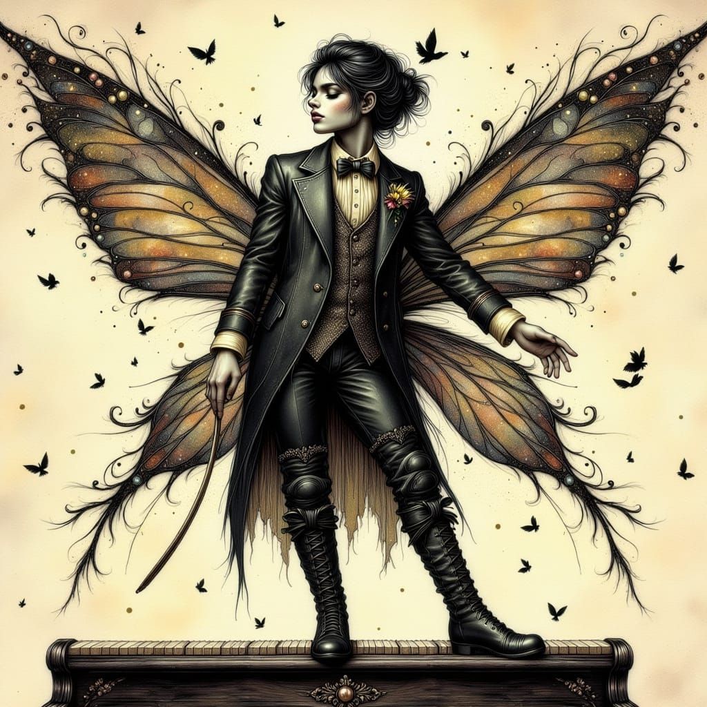 A male fairy wearing a suit patterned with musical notes. He...