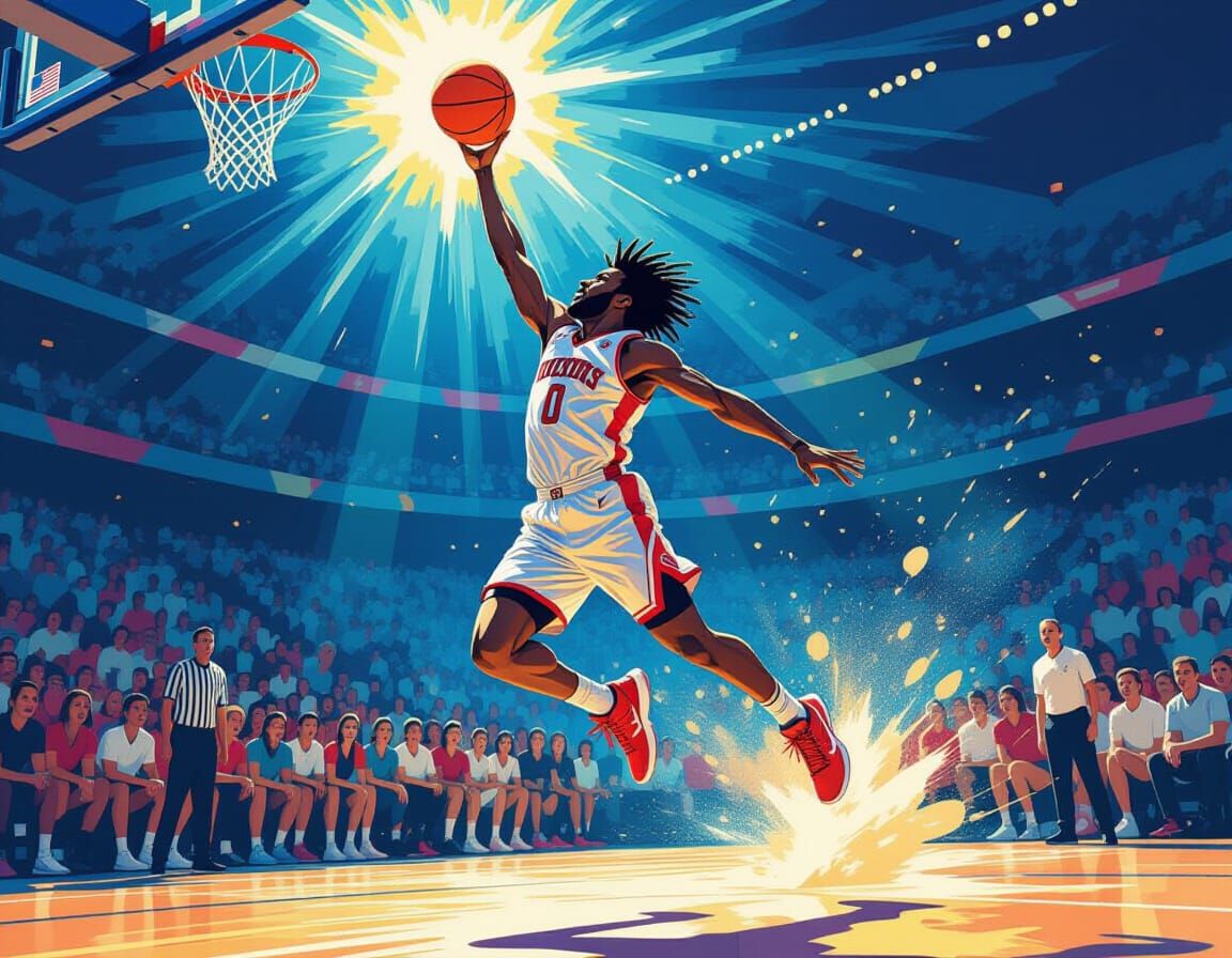 Basketball Player Mid-Air Shot: Dynamic Digital Art