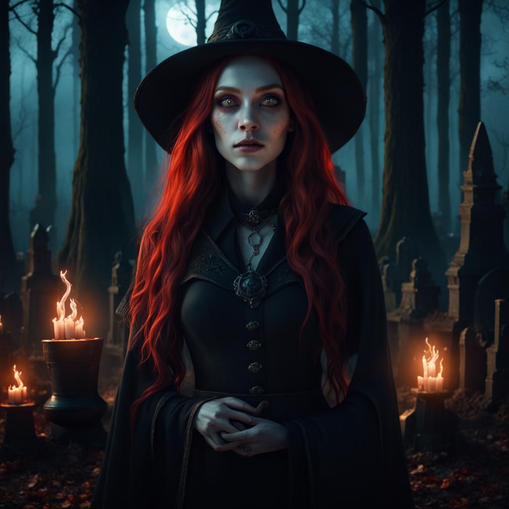 Halloween Witch with Cauldron in Graveyard