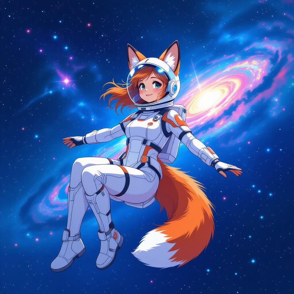 Fox-Girl Astronaut Floating in Starry Space