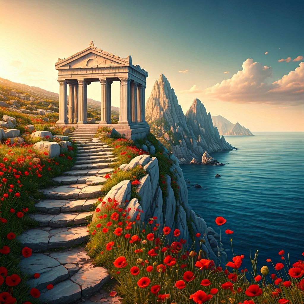 Greek Cliffside Ruins with Red Poppies