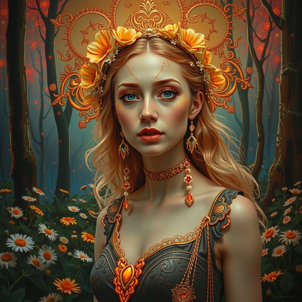 Sumptuous Figure in Bioluminescent Forest Oil Painting