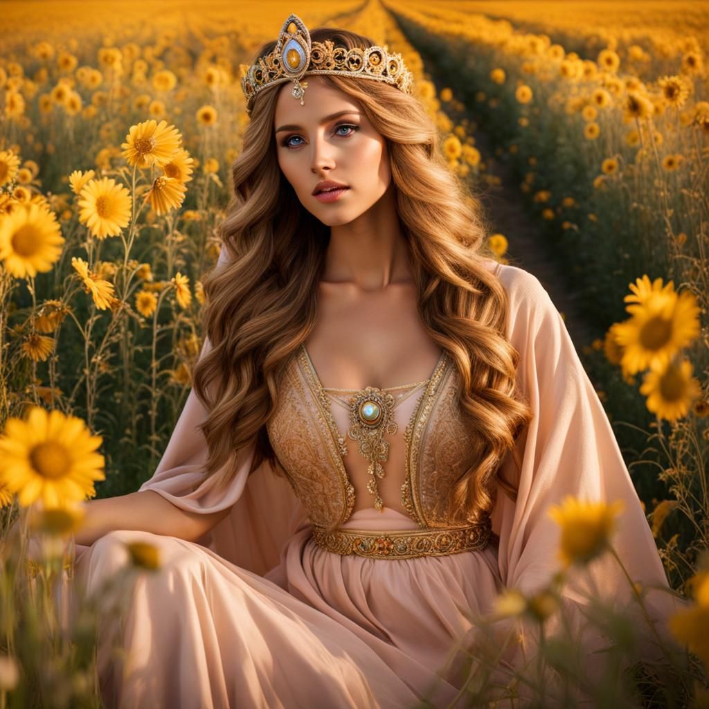 Greek Goddess in Flower Field Digital Painting