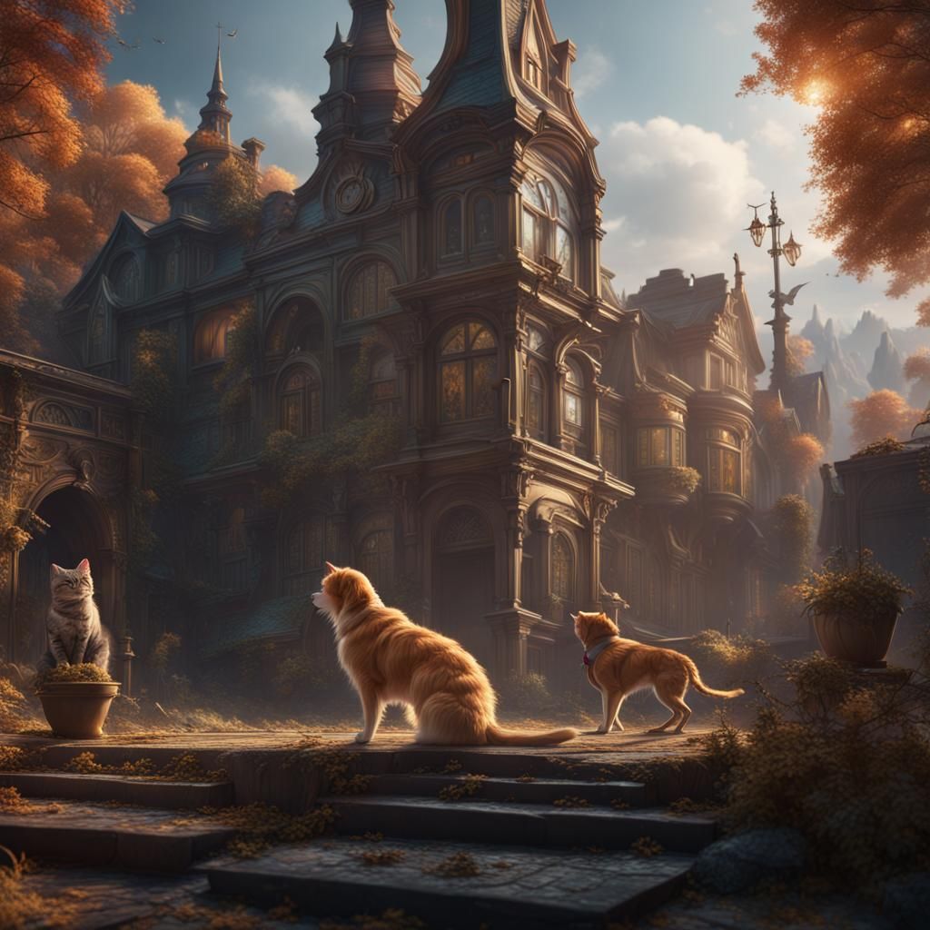 Fantastical Cat and Dog Matte Painting in Deep Color