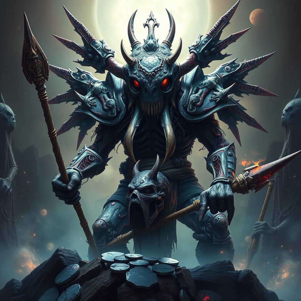 Dark Fantasy Murloc Demigod in Bones Armor, Seizing a Severe...