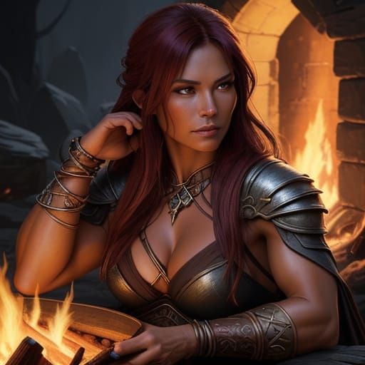 Barbarian Woman Rests By Campfire in Epic Fantasy Art