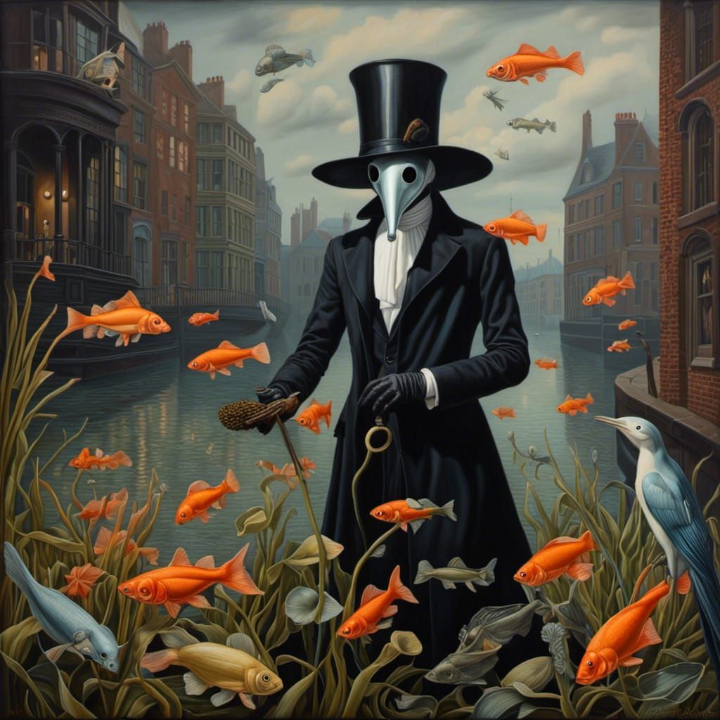 Surreal Plague Doctor with Goldfish in London