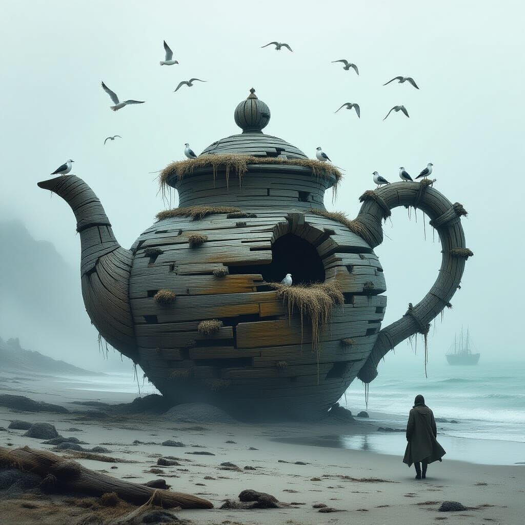 Colossal Driftwood Teapot on Misty Beach