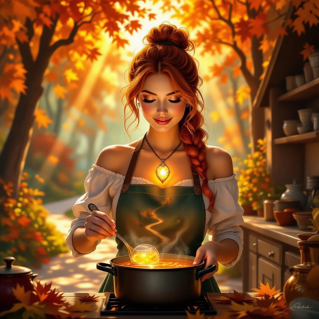 Enchanted Autumn Gemstone Portrait in Rustic Kitchen
