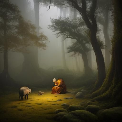 Monk and Wild Boar in Misty Forest