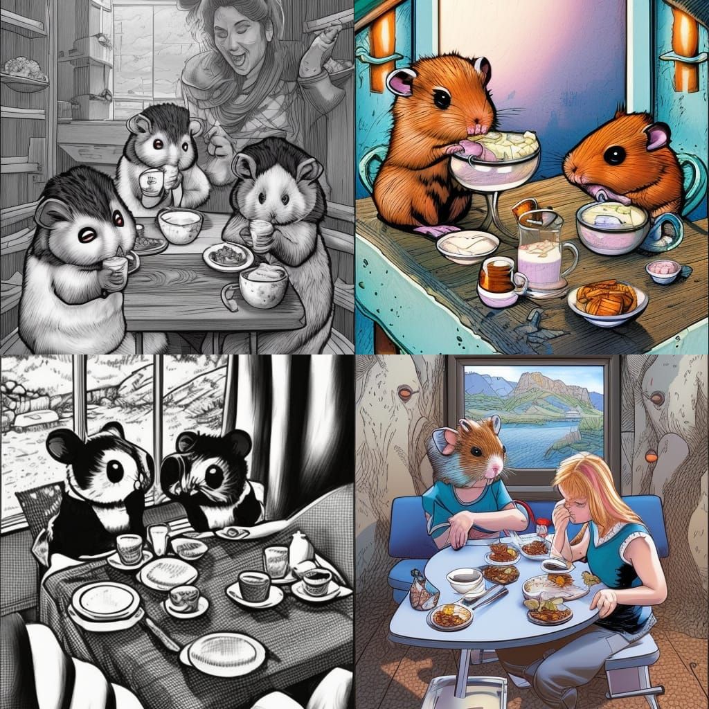 Adorable and cute dwarf Hamsters eating breakfast with beautiful human girl Mark Brooks and Dan Mumford, comic book art,...