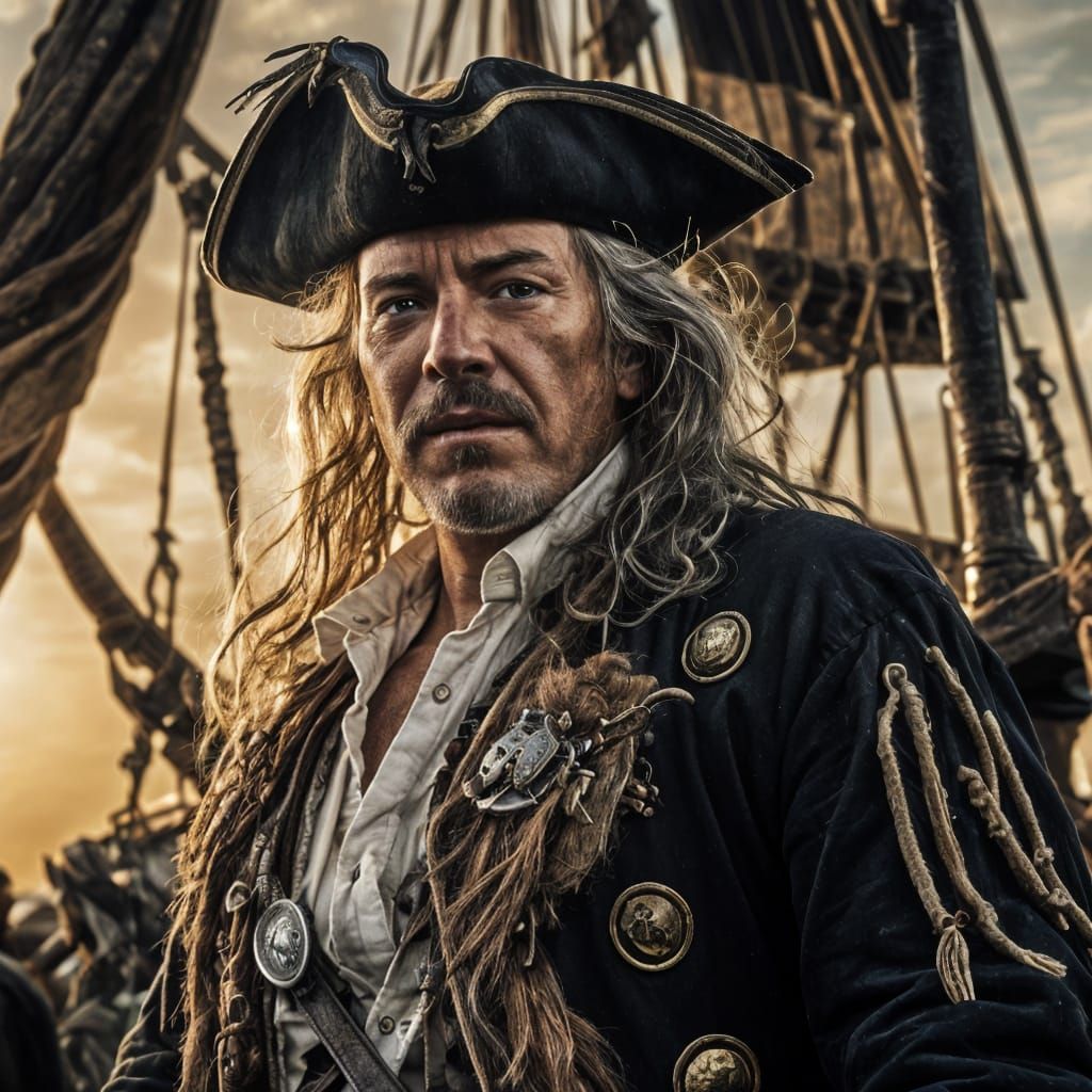 Photorealistic Pirate Portrait with Ship and Parrot