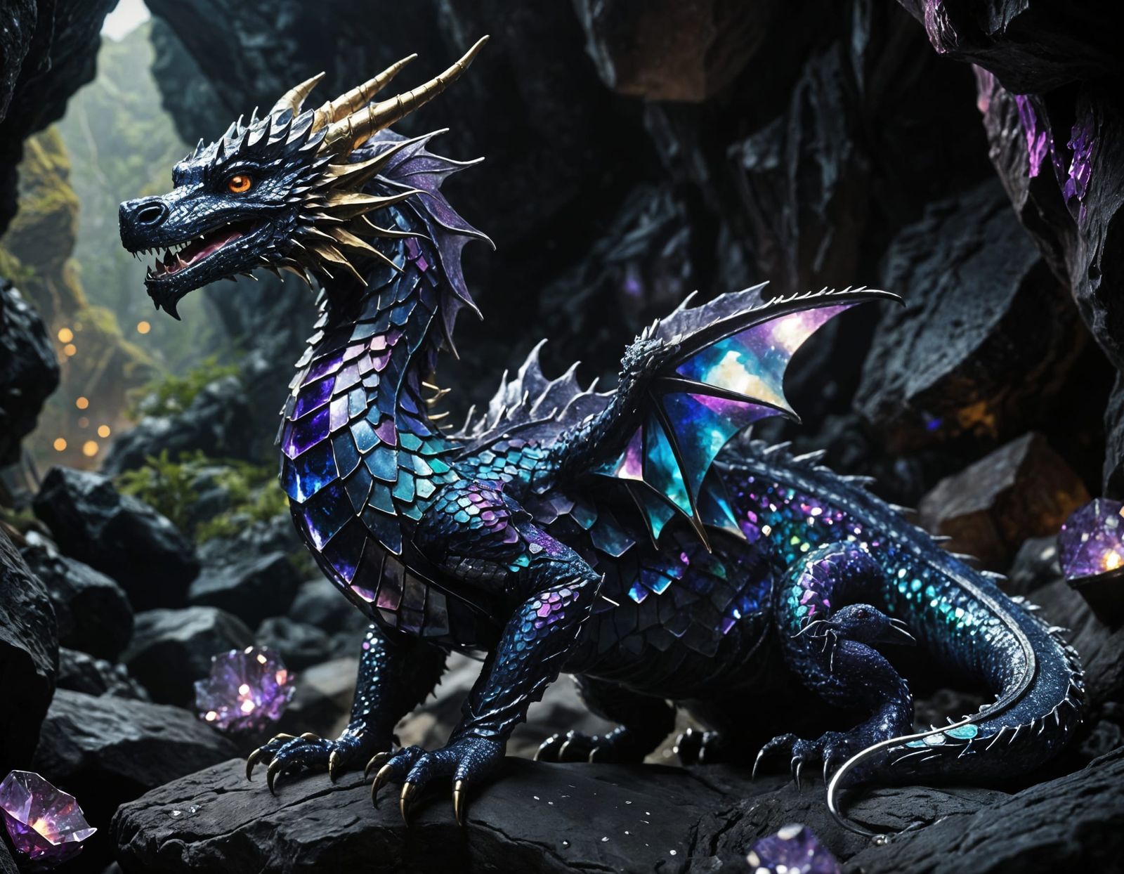 Regal Gemstone Dragon in a Dark Cave