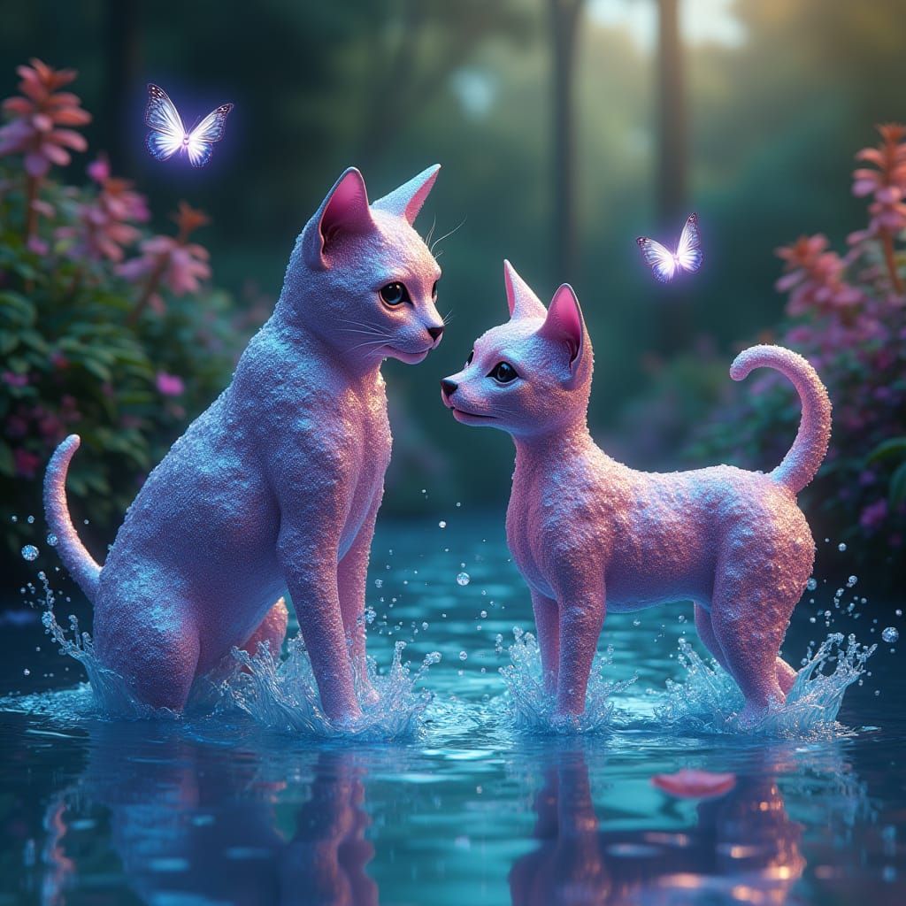 Shimmering Feline Canine Duo Surrounded by Vibrant Butterfli...