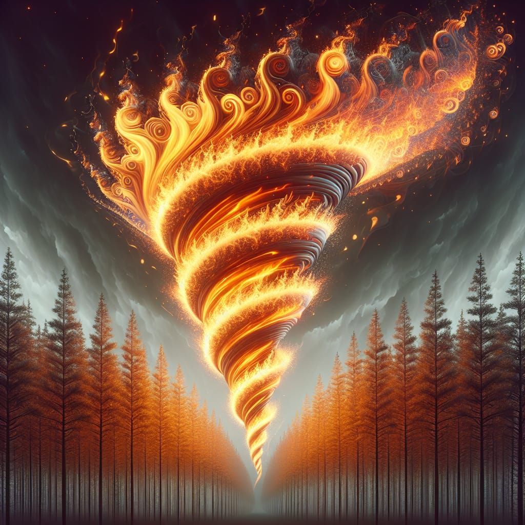 Fiery Tornado Dances with Forest Trees