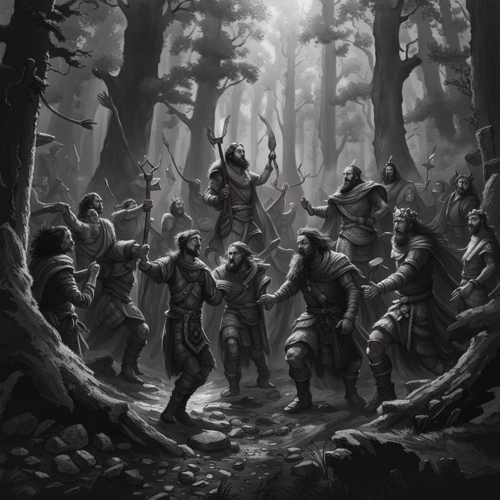 Pictish Warriors Celebrate in Dark Forest, Detailed Drawing