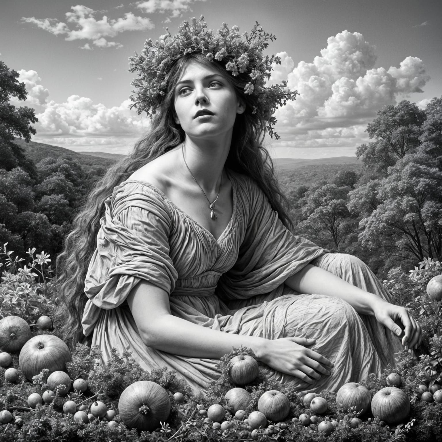 Serene Nymph Pomona in Dreamy Landscape, Pre-Raphaelite Styl...