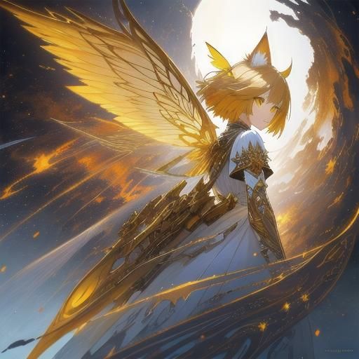 Pretty Girl with Cat Ears and Fairy Wings