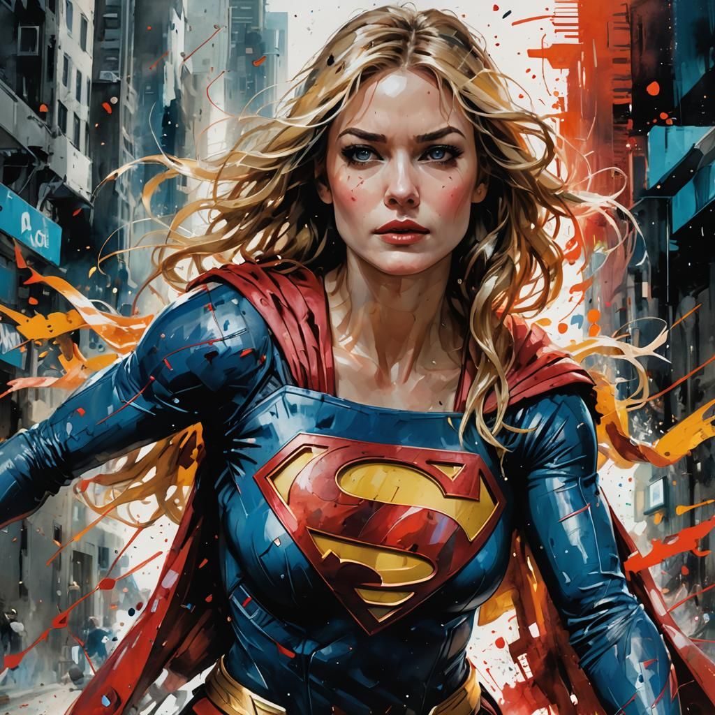 Dynamic Supergirl Matte Painting in Gouache Style