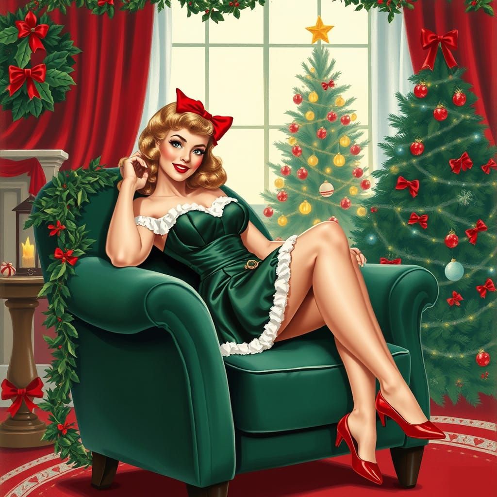 Festive 1950s Pin-Up Girl in Velvet Armchair