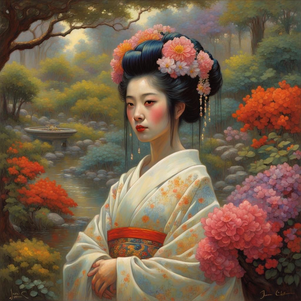 Geisha Bride in Fantasy Japanese Garden Oil Painting