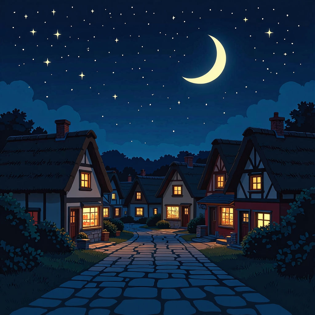 Miniature Neighborhood at Night Under Crescent Moon