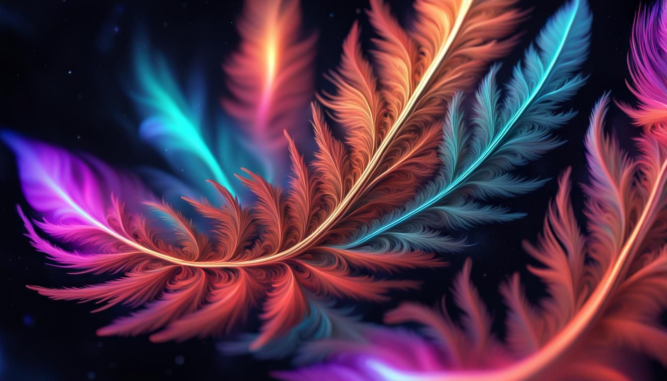 an highly detailed irregular warped fractal of feathers, background of outer space neon nebulas, 8k hdr octane render