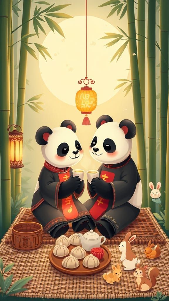A lovely panda couple in a bamboo forest, at moonlight night...