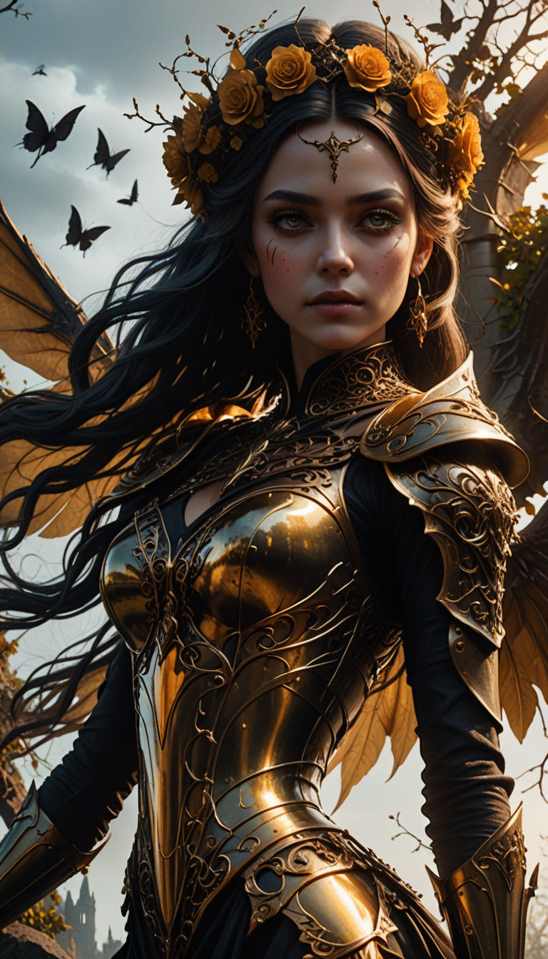 Gothic Dark Fairy Queen in Ruined Castle with Twisted Vines...