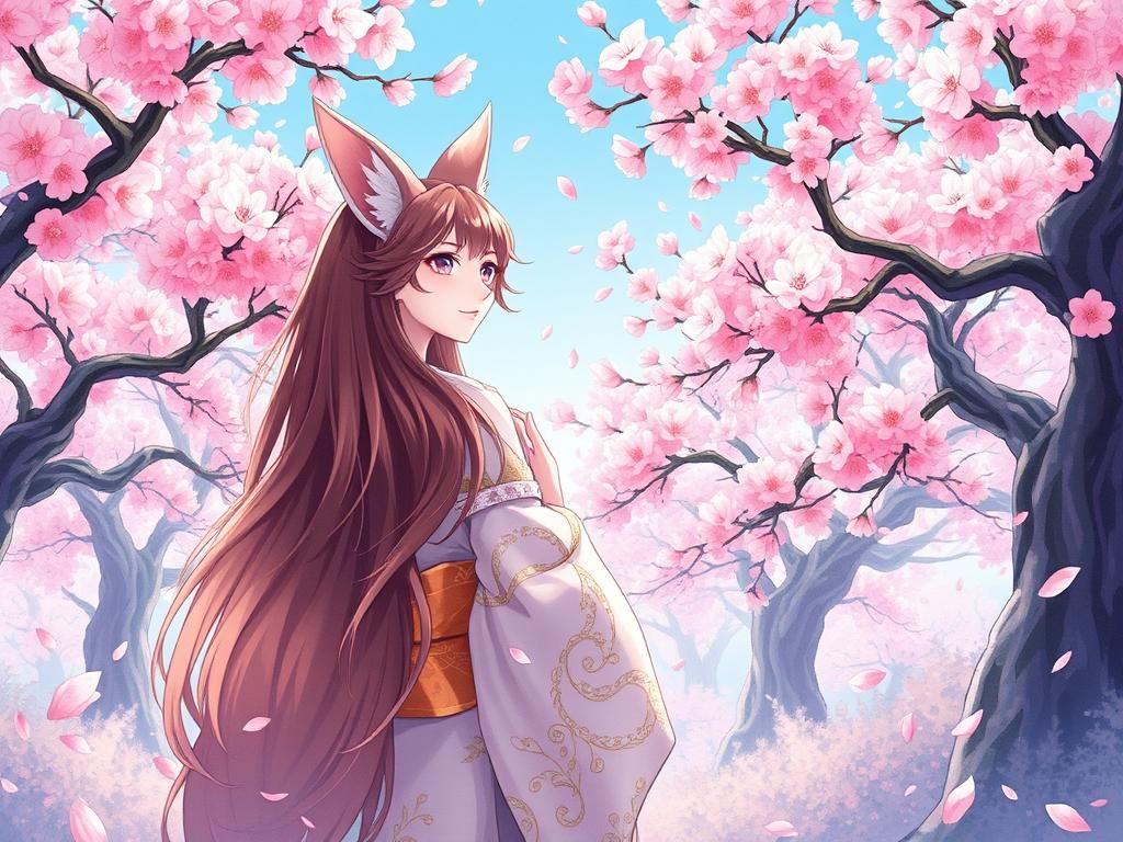 Kitsune Lady in Cherry Blossom Garden: Anime Style