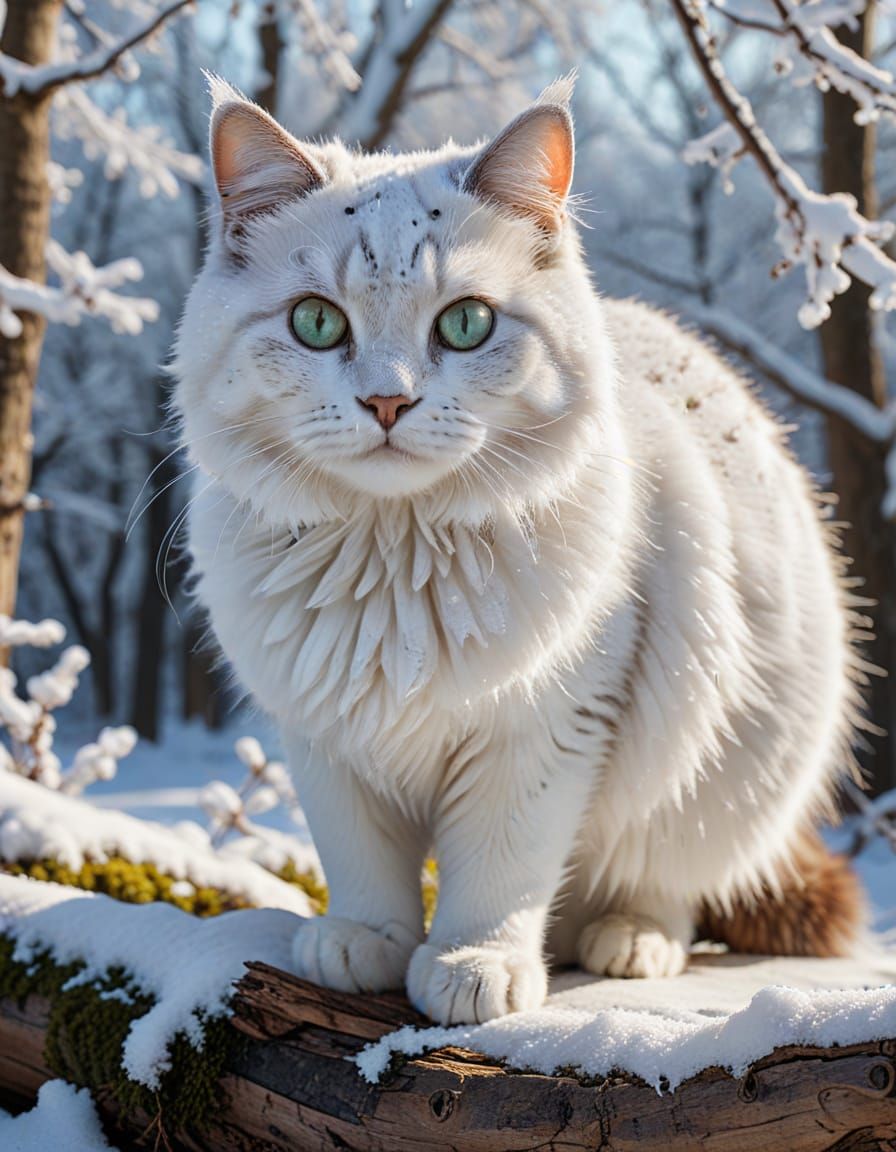 Hyperrealistic Persian Cat on Snowy Log