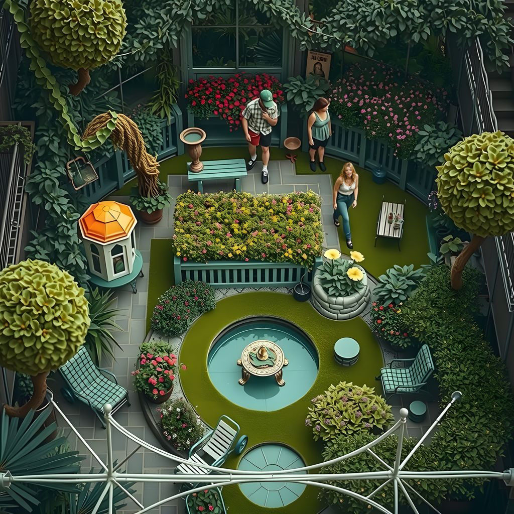 Urban Garden Wonderland with Whimsical Creatures