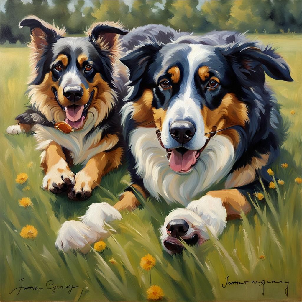 Australian Shepherd and German Shepherd Play, Oil Painting