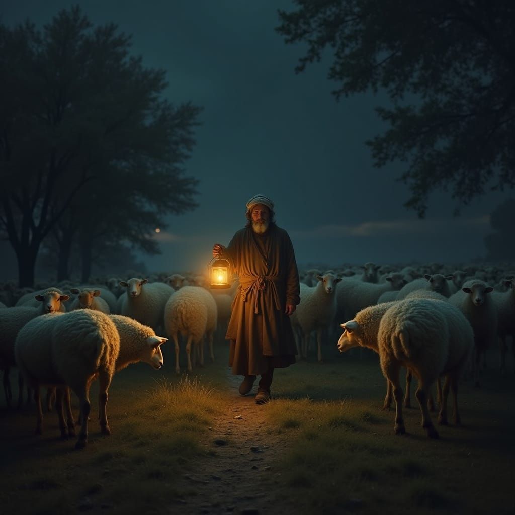 Shepherd's Lantern Illuminates a Nighttime Flock