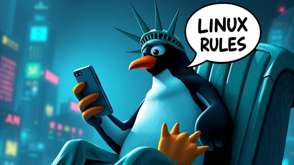 Penguine in Cyberpunk Statue of Liberty with Mobilephone and...
