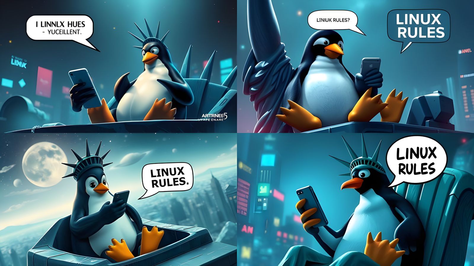 Cyberpunk Penguin Statue Liberty Mobile Message in Fantastic...