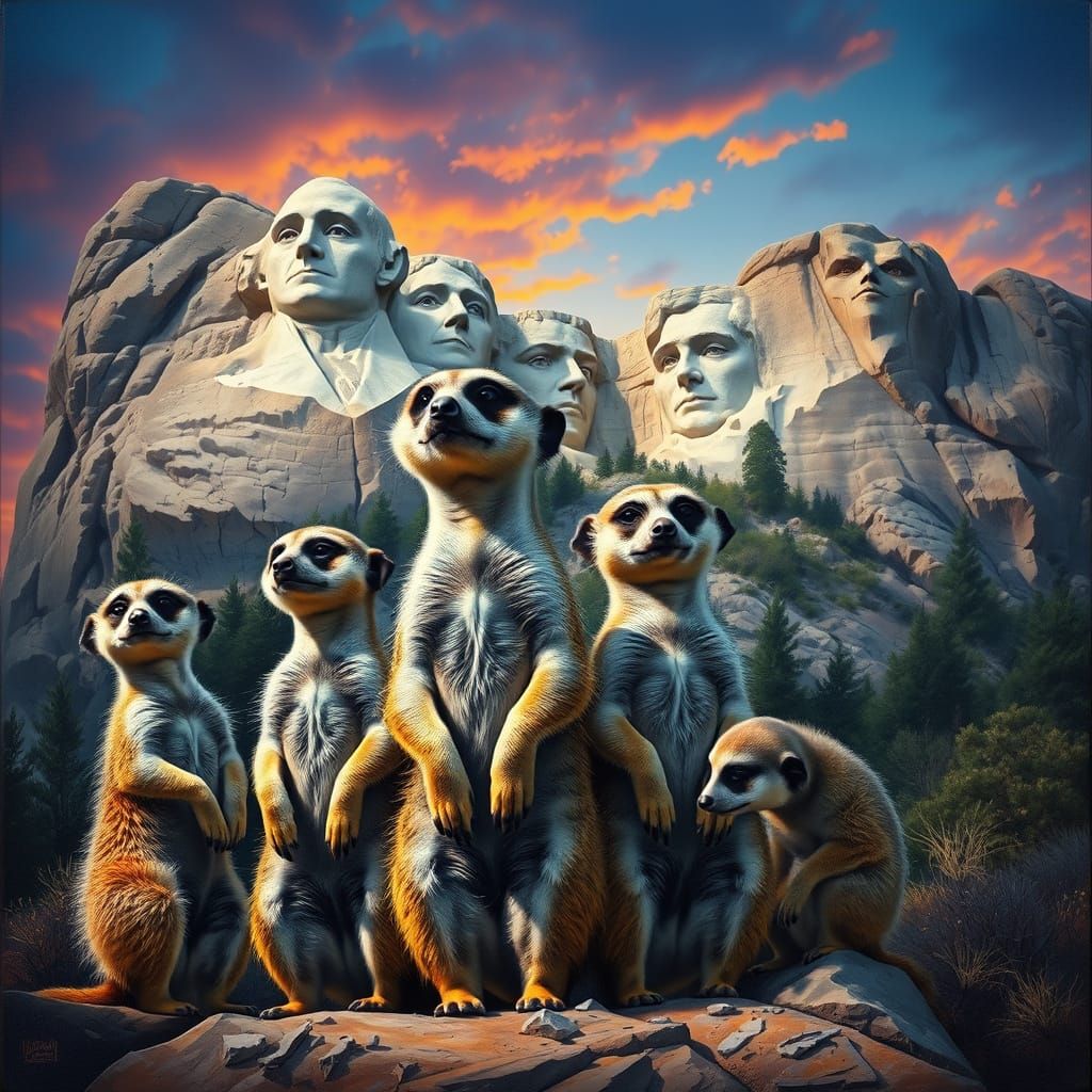 Meerkat Family at Mount Rushmore: Oil Painting