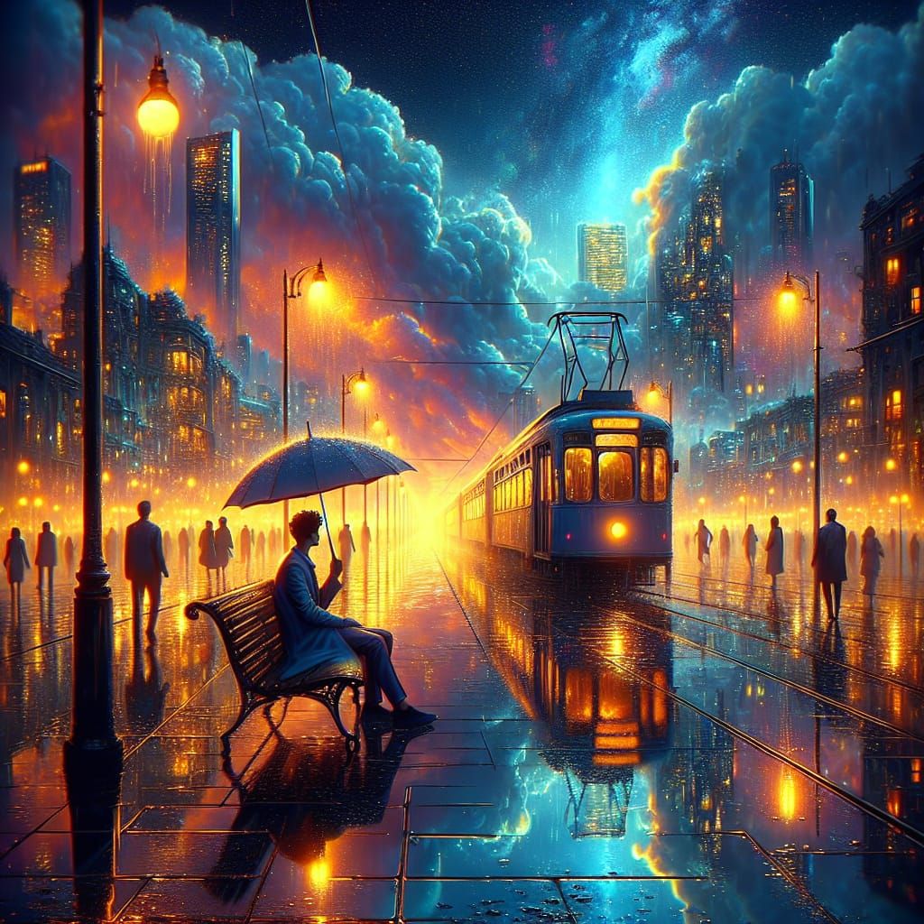 Rainy City Dusk: A Hyperrealistic Street Scene