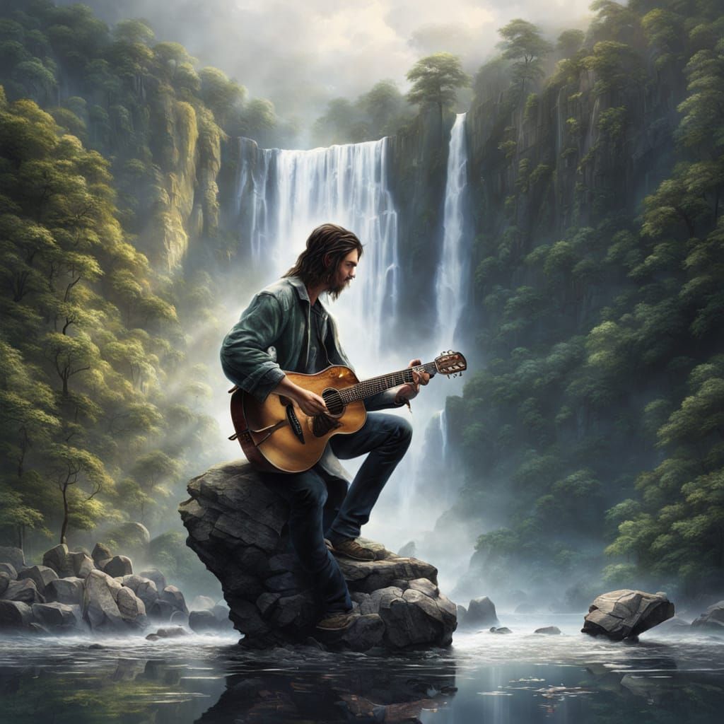 Glass Guitarist by Waterfall: Hyperrealistic Masterpiece