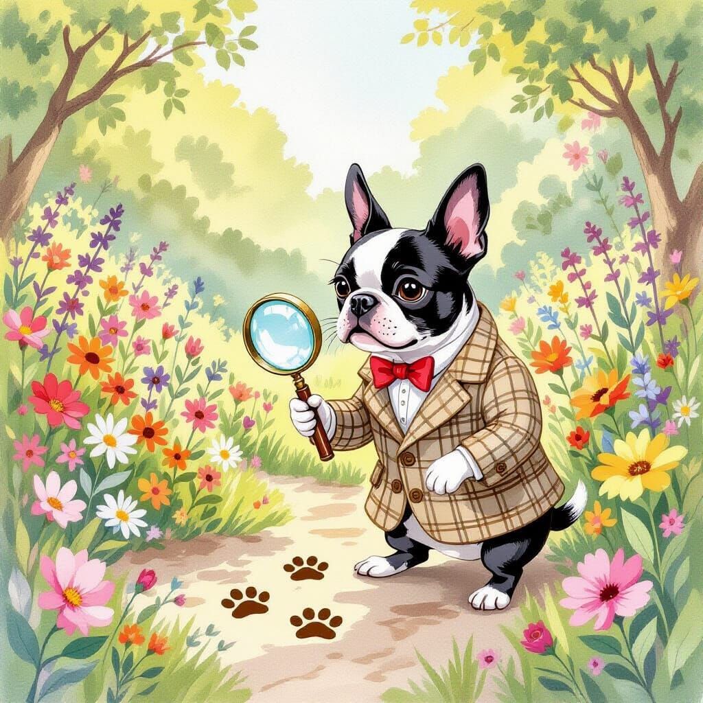 Boston Terrier Detective in English Garden, Storybook Style
