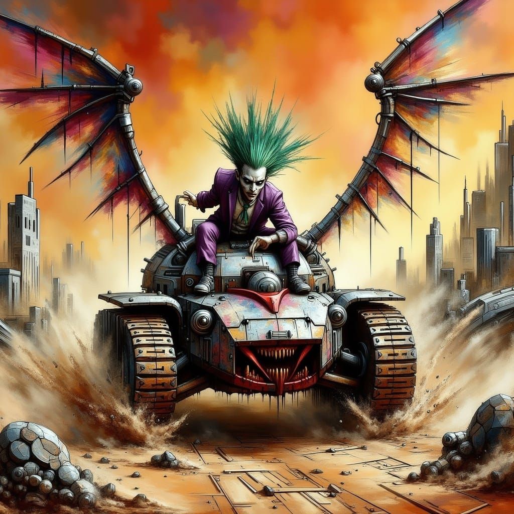 Chibi Joker Races Bat-Tank Through Wasteland in Comic Style