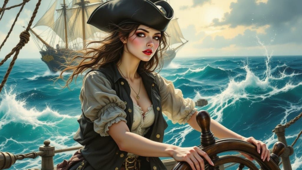 Pirate Captain Commands Ship Through Stormy Seas