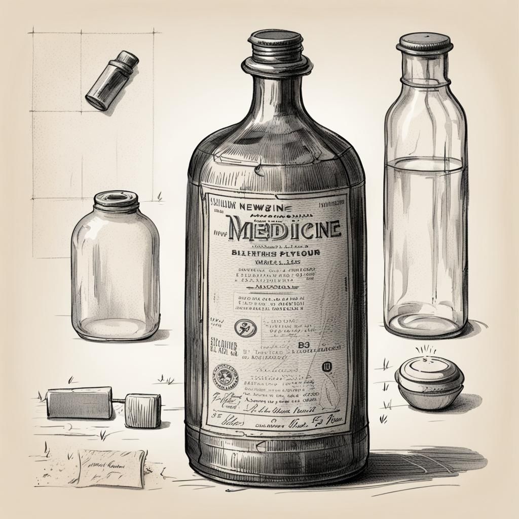 Vintage Medicine Bottle Sketch, 1900s Illustration