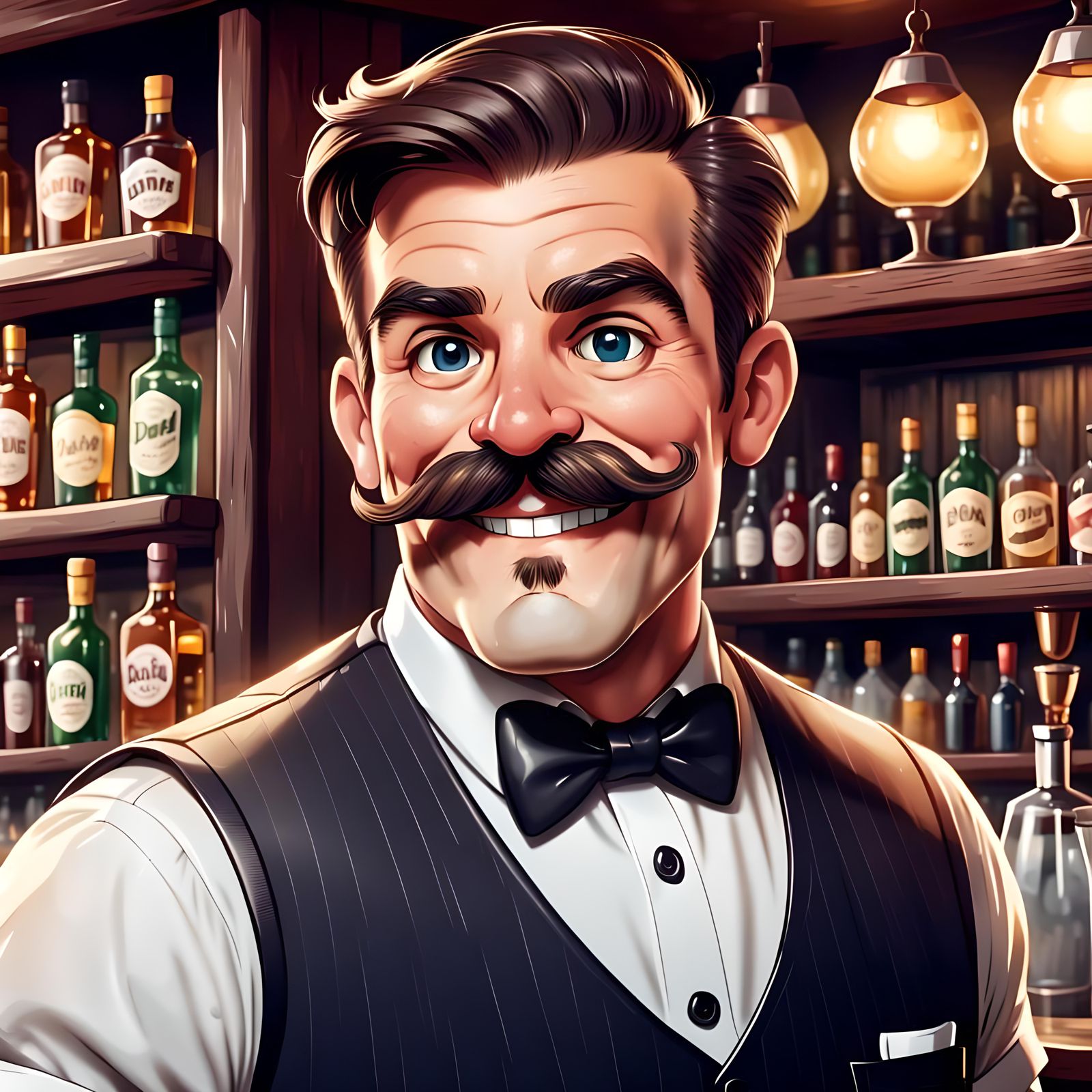 Happy Cartoon Bartender in Dusty Bar